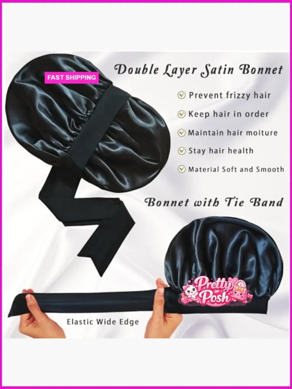 Satin Silk Sleep Bonnet with Adjustable Tie Band, Double Layer